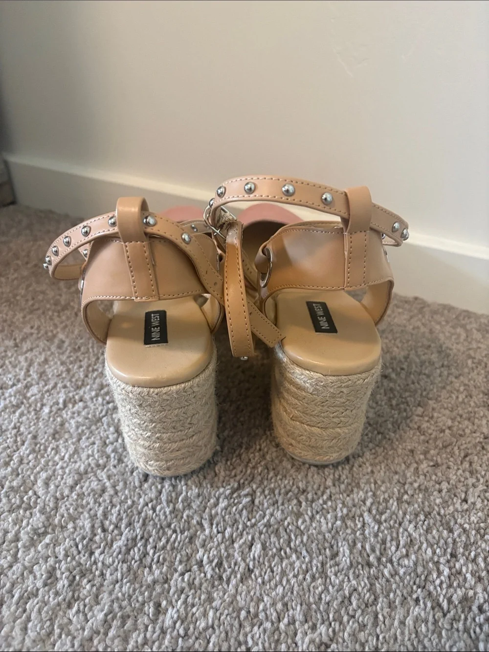 Nine West Blush Pink Espadrille Platform Wedge Sandals with Studded Ankle Straps